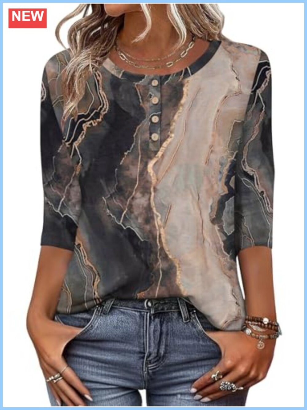 Women Tunic Top 3/4 Sleeve Polyester Spandex Stretch Crew Neck Button Down